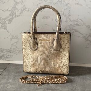 Michael Kors Beige/Gold Python Embossed Leather Small Mercer Tote EUC